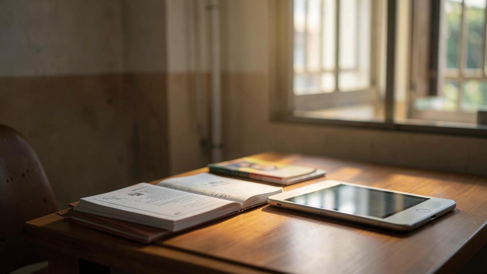 Medical journals and a tablet on a desk in a hospital reading corner