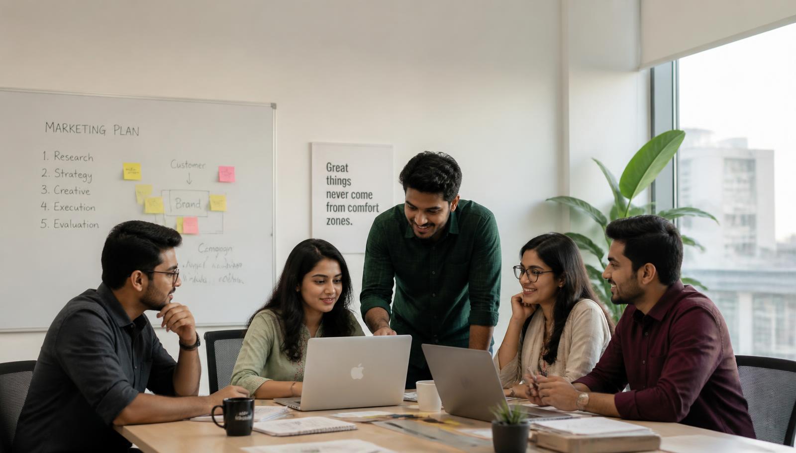 Medbit team collaborating on healthcare marketing plans in a bright Dhaka office