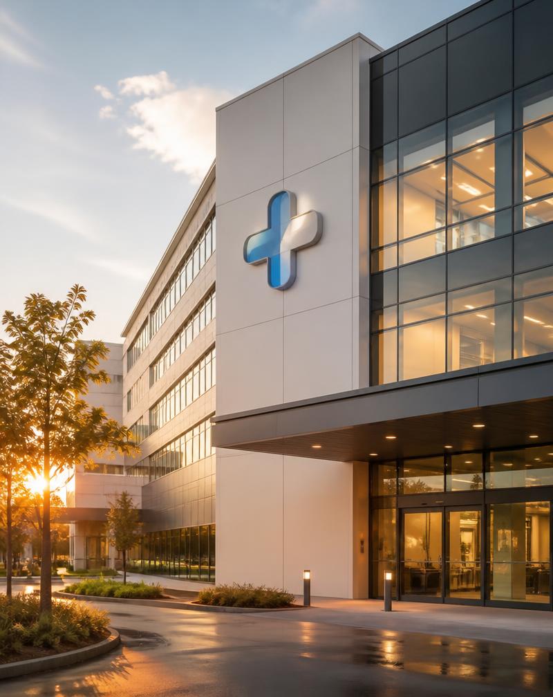 Hospital building exterior with a medical emblem