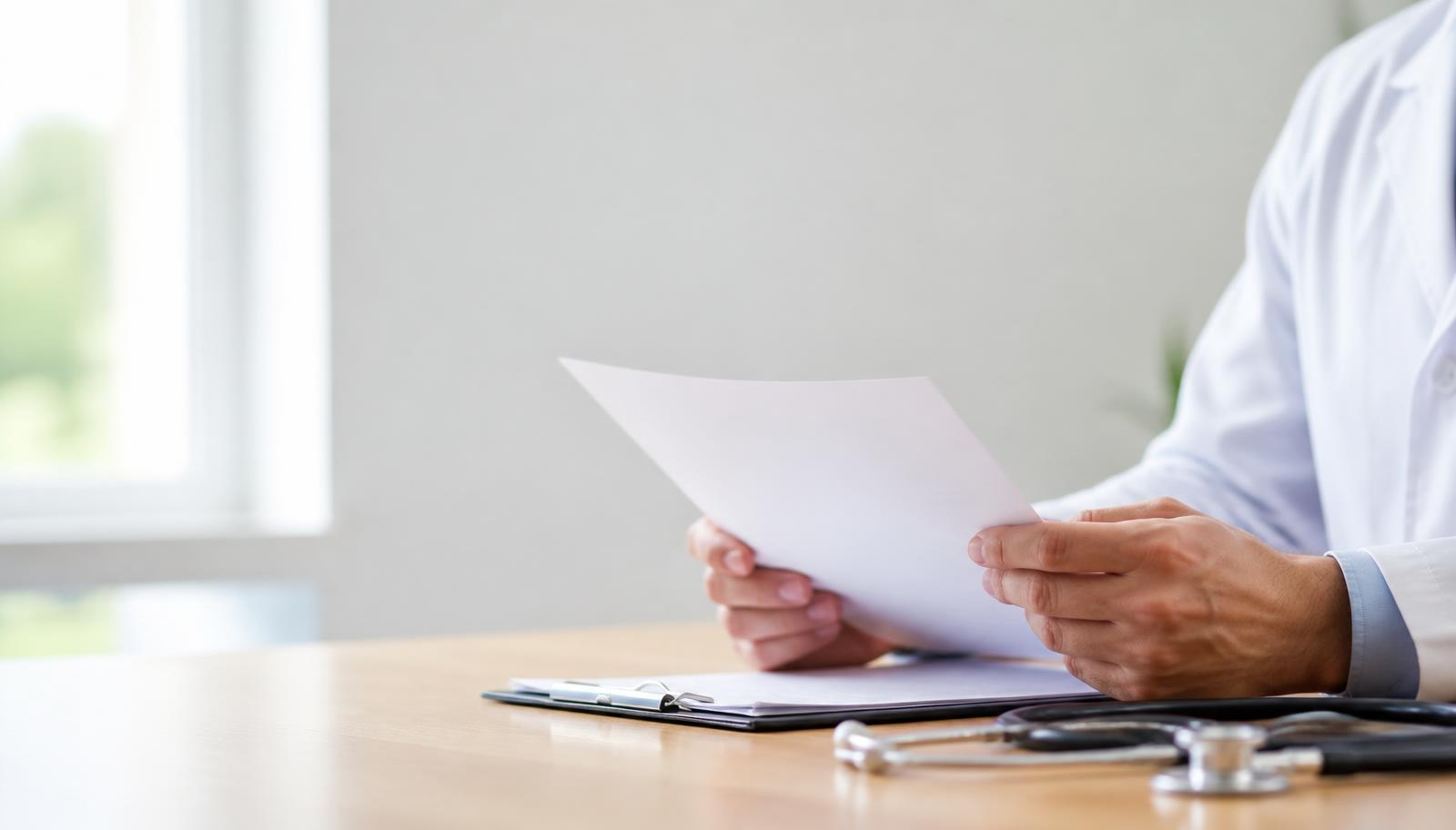 A doctor reviewing a printed document beside a stethoscope in a bright clinic