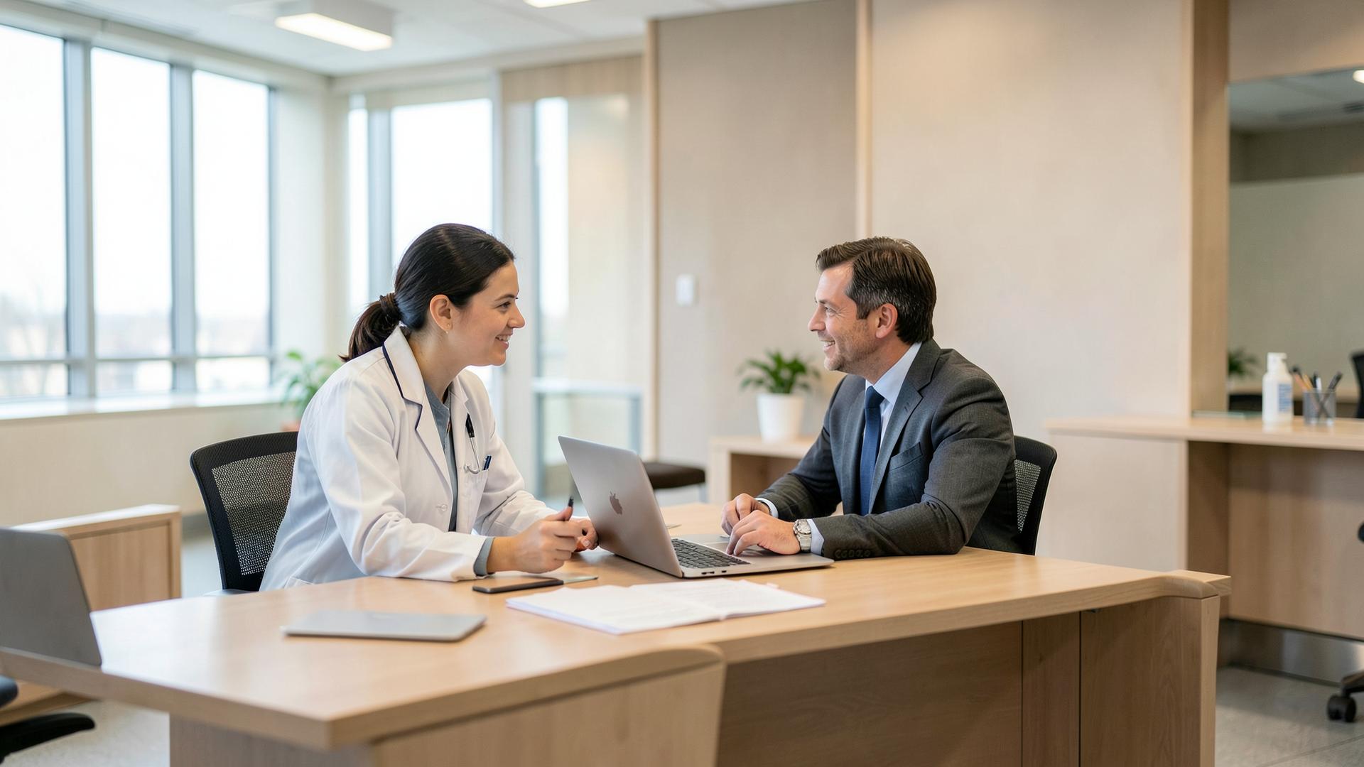 A doctor and a Medbit consultant reviewing a marketing plan