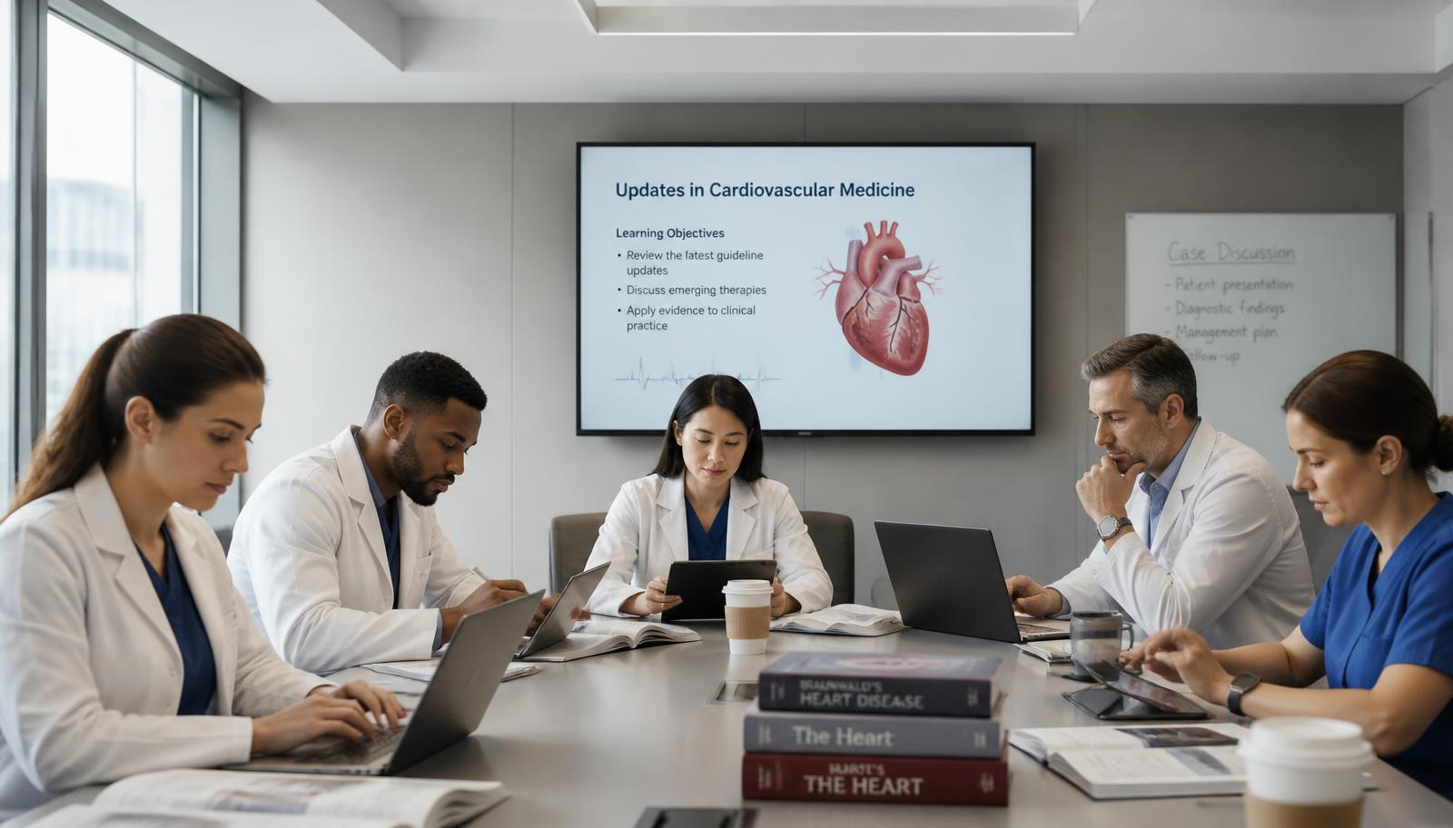 Doctors studying healthcare marketing materials in a seminar room