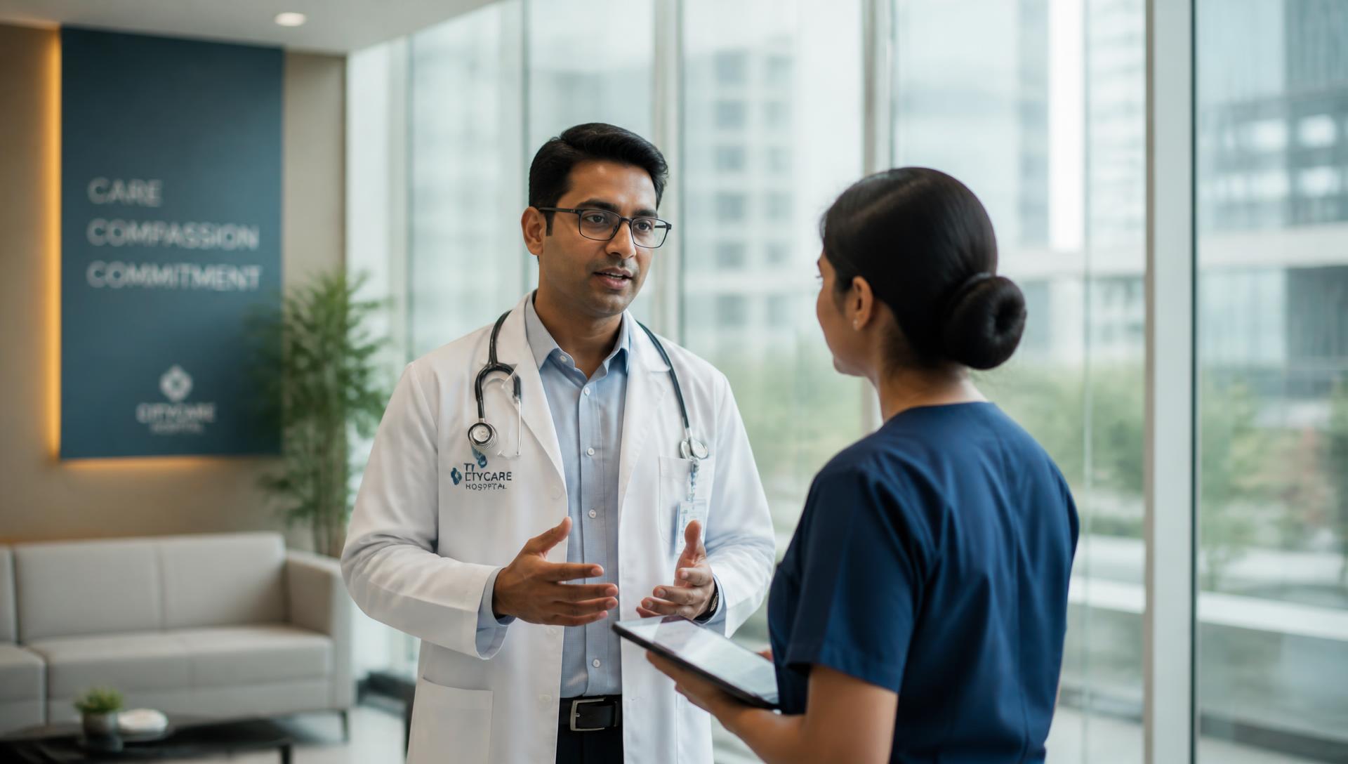 Doctor and colleague discussing care in a modern hospital